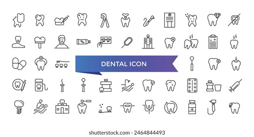 Dental icon collection. Related to tooth, dentist, toothpaste, toothbrush, teeth, implant and dentistry icons. Line icon set.