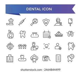 Dental icon collection. Related to tooth, dentist, toothpaste, toothbrush, teeth, implant and dentistry icons. Line icon set.