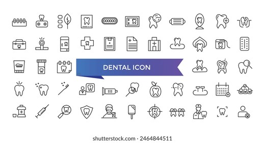 Dental icon collection. Related to tooth, dentist, toothpaste, toothbrush, teeth, implant and dentistry icons. Line icon set.