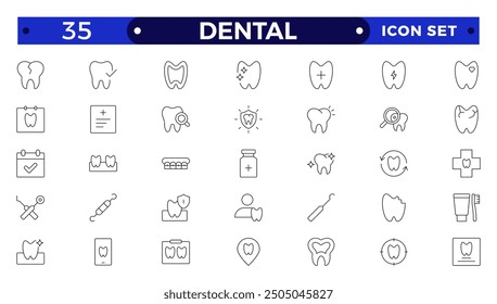 Colección de iconos dentales. Relacionado con dientes, dentista, pasta de dientes, cepillo de dientes, dientes, implantes e iconos de la odontología. Conjunto de iconos de esquema.
