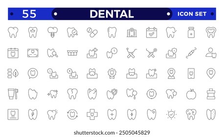 Dental icon collection. Related to tooth, dentist, toothpaste, toothbrush, teeth, implant and dentistry icons. Outline icon set.
