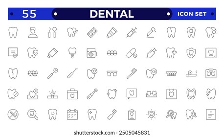 Dental icon collection. Related to tooth, dentist, toothpaste, toothbrush, teeth, implant and dentistry icons. Outline icon set.
