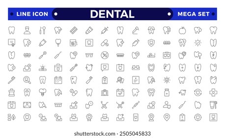 Dental icon collection. Related to tooth, dentist, toothpaste, toothbrush, teeth, implant and dentistry icons. Outline icon set.
