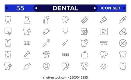 Dental icon collection. Related to tooth, dentist, toothpaste, toothbrush, teeth, implant and dentistry icons. Outline icon set.
