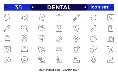 Dental icon collection. Related to tooth, dentist, toothpaste, toothbrush, teeth, implant and dentistry icons. Outline icon set.
