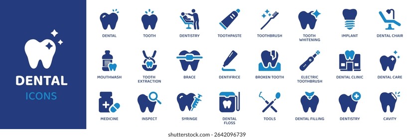 Dental - Icon Collection. Thin Line Set contains such Icons as Tooth, Teeth, Dentist, Brush, Floss, Mouth, Gums and more. Simple web icons set.