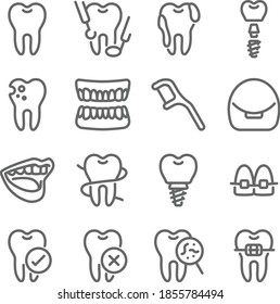 Dental icon illustration vector set. Contains such icons as Orthodontic, dental floss, bracket, instrument, tooth, screw, teeth, Implants, and more. Expanded Stroke