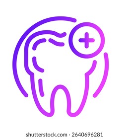 Dental icon with plus sign represents good hygiene and teeth care in a gradient color scheme for health-related designs.