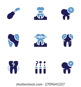 Conjunto de icono dental. Estilo audaz. Colores duotónicos. succión, infección, herramientas, dolor de muelas, comprobado, podrido, implante, reloj, aparatos ortopédicos.