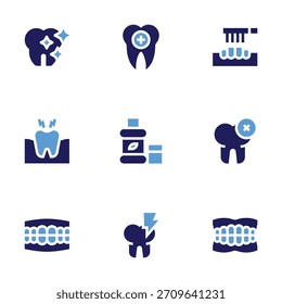 Conjunto de icono dental. Estilo audaz. Colores duotónicos. diente, cepillo de dientes, diente limpio, dolor de muelas, dentaduras postizas, enjuague bucal, caries, dientes.