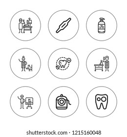 Dental icon set. collection of 9 outline dental icons with calcium, dental floss, gel, veterinarian icons. editable icons.