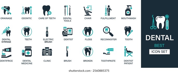 Dental icon set collection. Dental tools, chair, fulfillment, mouthwash, dental syringe, teeth, electric brush and best solid icon set.