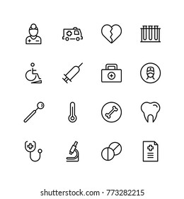 Dental icon set. Collection of vector symbols on white background for web design. Black outline sings for mobile application. 