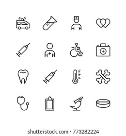 Dental icon set. Collection of vector symbols on white background for web design. Black outline sings for mobile application. 