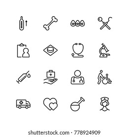 Dental icon set. Collection of vector symbols on white background for web design. Black outline sings for mobile application. 