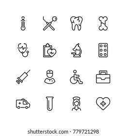 Dental icon set. Collection of vector symbols on white background for web design. Black outline sings for mobile application. 