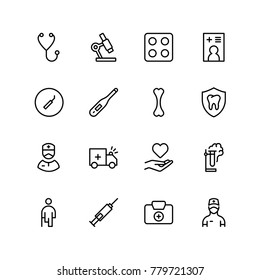 Dental icon set. Collection of vector symbols on white background for web design. Black outline sings for mobile application. 