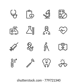 Dental icon set. Collection of vector symbols on white background for web design. Black outline sings for mobile application. 