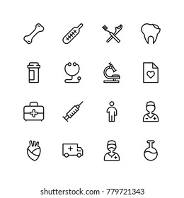 Dental icon set. Collection of vector symbols on white background for web design. Black outline sings for mobile application. 
