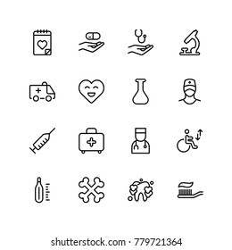 Dental icon set. Collection of vector symbols on white background for web design. Black outline sings for mobile application. 