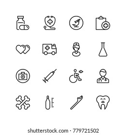 Dental icon set. Collection of vector symbols on white background for web design. Black outline sings for mobile application. 