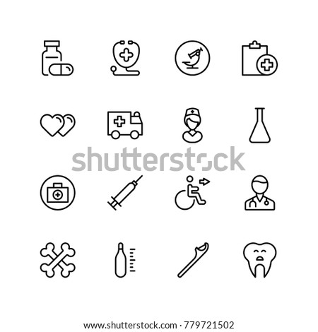 Dental icon set. Collection of vector symbols on white background for web design. Black outline sings for mobile application. 