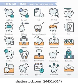 Juego de iconos dentales - Color Line Icons. Lo mismo que chequeo, limpieza, corona dental, dientes de relleno, tratamiento de cancelación de raíces, descamación, rayos X, sacar, caída de dientes, superposición, ortesis, etc.