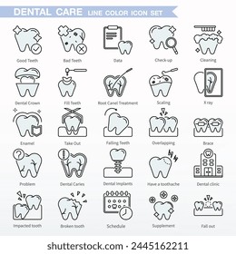 Juego de iconos dentales - Color Line Icons. Lo mismo que chequeo, limpieza, corona dental, dientes de relleno, tratamiento de cancelación de raíces, descamación, rayos X, sacar, caída de dientes, superposición, ortesis, etc.