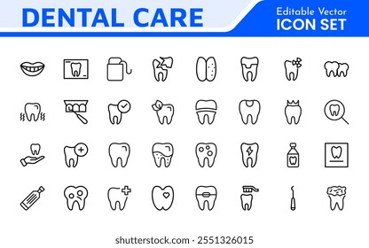 Conjunto de iconos dentales. Una colección completa de íconos vibrantes y profesionales para las prácticas dentales, perfecto para la comunicación del paciente para fomentar la conciencia de la salud oral.