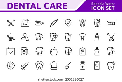 Dental Icon Set. A comprehensive collection of vibrant and professional icons for dental practices, perfect for patient communication to promote oral health awareness.