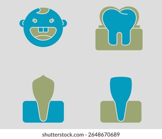 Conjunto de ícones dentários. Contendo dentes de bebê, esmalte, canino, incisivo. Estilo de ícone de cor dupla sólida