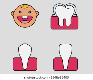Conjunto de ícones dentários. Contendo dentes de bebê, esmalte, canino, incisivo. estilo de ícone de contorno preenchido.