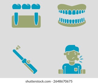 Dental icon set. Containing Dental bridge, dental cast, electric tooth brush, patient. Solid dual color icon style