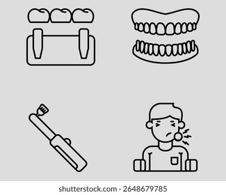 Dental icon set. Containing Dental bridge, dental cast, electric tooth brush, patient. Outline icon style.