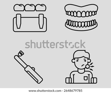 Dental icon set. Containing Dental bridge, dental cast, electric tooth brush, patient. Outline icon style.