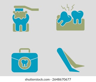 Dental icon set. Containing Brushing tooth, wisdom teeth, Dentist medical kit, tweezers. Solid dual color icon style