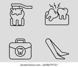Dental icon set. Containing Brushing tooth, wisdom teeth, Dentist medical kit, tweezers. Outline icon style.