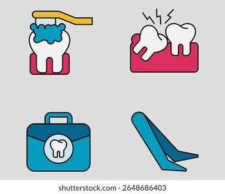 Dental icon set. Containing Brushing tooth, wisdom teeth, Dentist medical kit, tweezers. filled outline icon style.