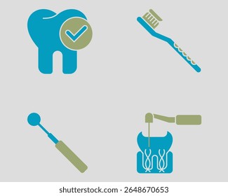Conjunto de ícones dentários. Contendo Checkup dentário, escova de dentes, tratamento de canal radicular, espelho bucal. Estilo de ícone de cor dupla sólida