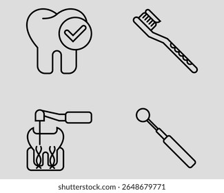 Conjunto de ícones dentários. Contendo Checkup dentário, escova de dentes, tratamento de canal radicular, espelho bucal. Estilo do ícone da estrutura de tópicos.