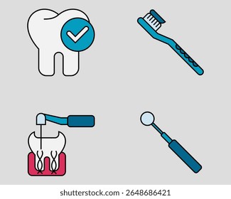 Conjunto de ícones dentários. Contendo Checkup dentário, escova de dentes, tratamento de canal radicular, espelho bucal.