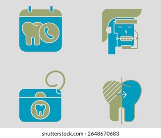 Conjunto de ícones dentários. Contendo consulta de dentista, chapelaria ortodôntica, fio dental, clareamento. Estilo de ícone de cor dupla sólida
