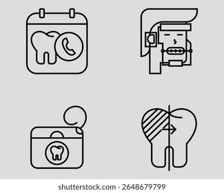Dental icon set. Containing Dentist appointment, orthodontic headgear, dental floss, Whitening. Outline icon style.