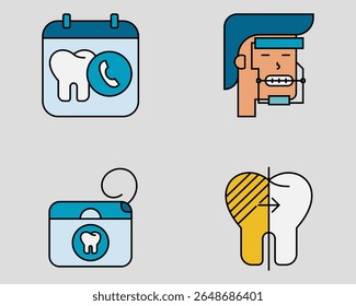 Dental icon set. Containing Dentist appointment, orthodontic headgear, dental floss, Whitening. filled outline icon style.