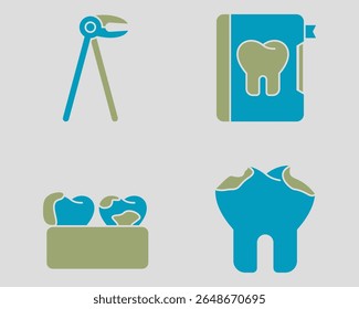 Dental icon set. Containing Forcep, Dental record, tar tar, Tooth Decay. Solid dual color icon style.