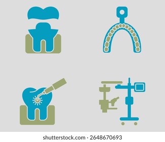 Conjunto de ícones dentários. Contendo coroa de ouro, moldes, laser dentário, microscópio cirúrgico. Estilo de ícone de cor dupla sólida