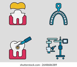 Conjunto de ícones dentários. Contendo coroa de ouro, moldes, laser dentário, microscópio cirúrgico.