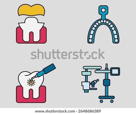 Dental icon set. Containing Gold crown, molds, Dental laser, surgical microscope. filled outline icon style.