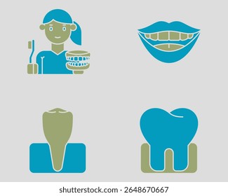 Conjunto de ícones dentários. Contendo Dental higienista, sorriso, pré-molar, molar. Estilo de ícone de cor dupla sólida