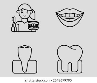 Conjunto de ícones dentários. Contendo Dental higienista, sorriso, pré-molar, molar. Estilo do ícone da estrutura de tópicos.